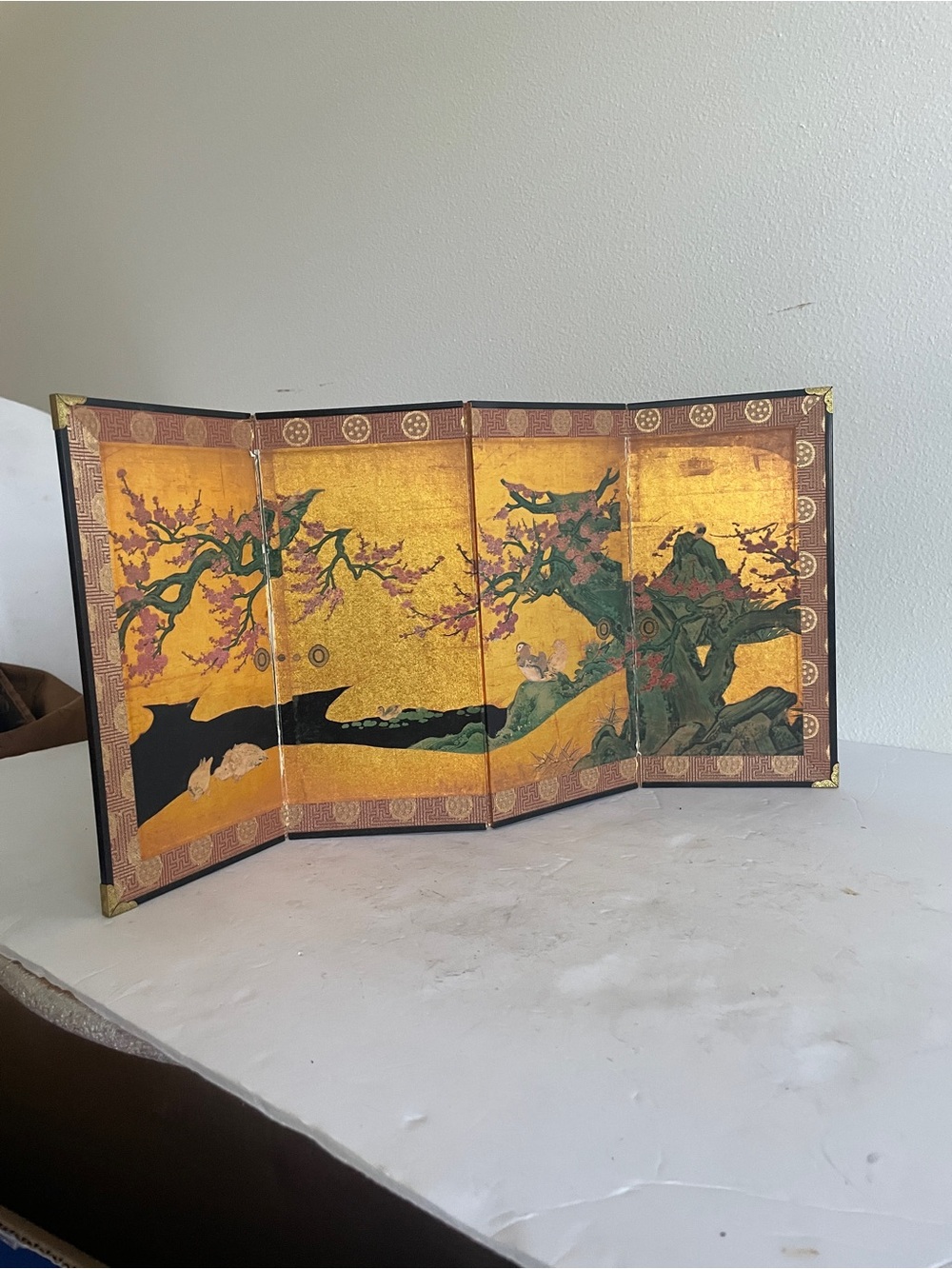 VTG Miniature Japanese Folding Screen BYOBU 9x18 Cherryblossoms/birds Asian Art